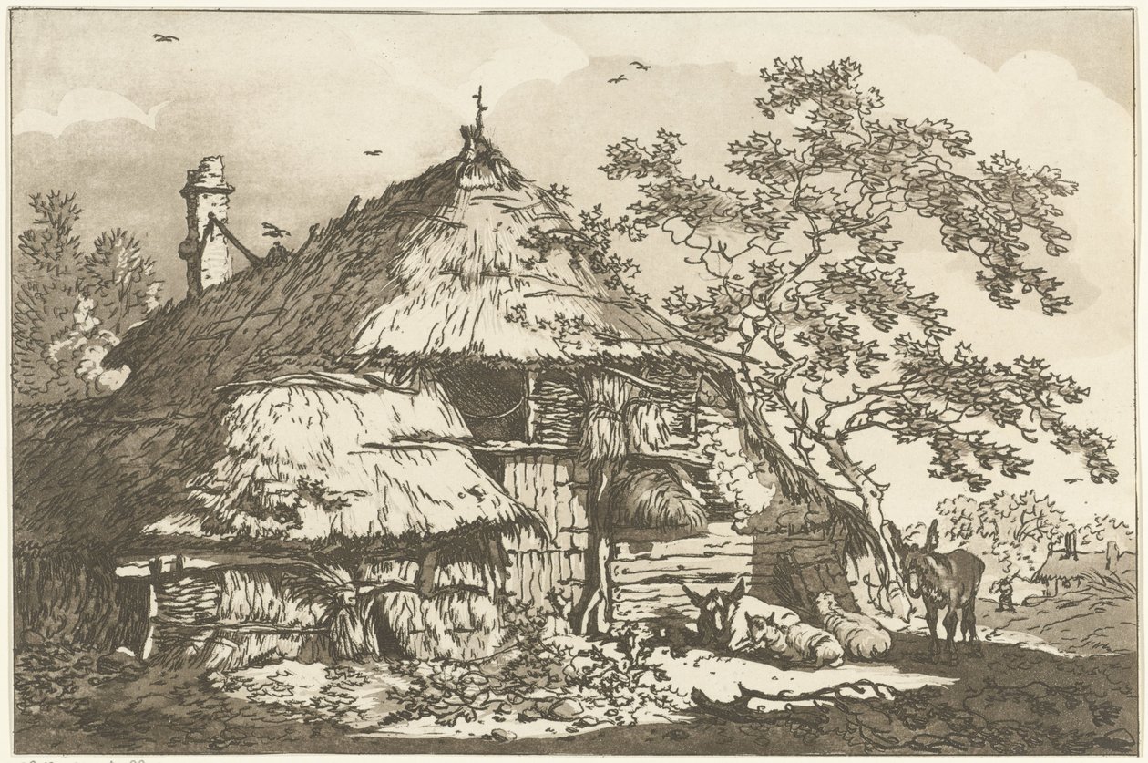 Gård med en ko, to får og et æsel i gården Tolv designs beregnet til brug for dem, der lærer at tegne landskab (serietitel) af Hendrik Meijer