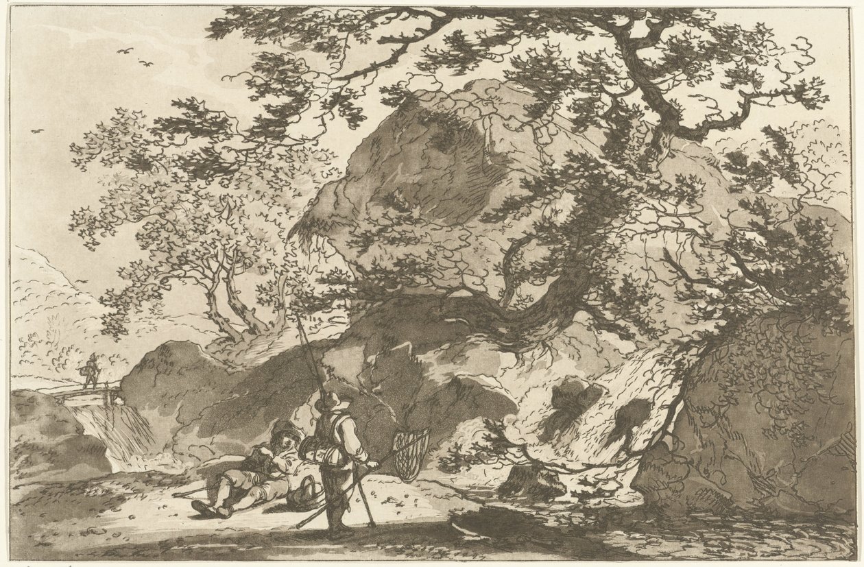 Landschap met een visser en en rustende mand Tolv designs beregnet til brug for dem, der lærer at tegne landskab (serietitel) af Hendrik Meijer