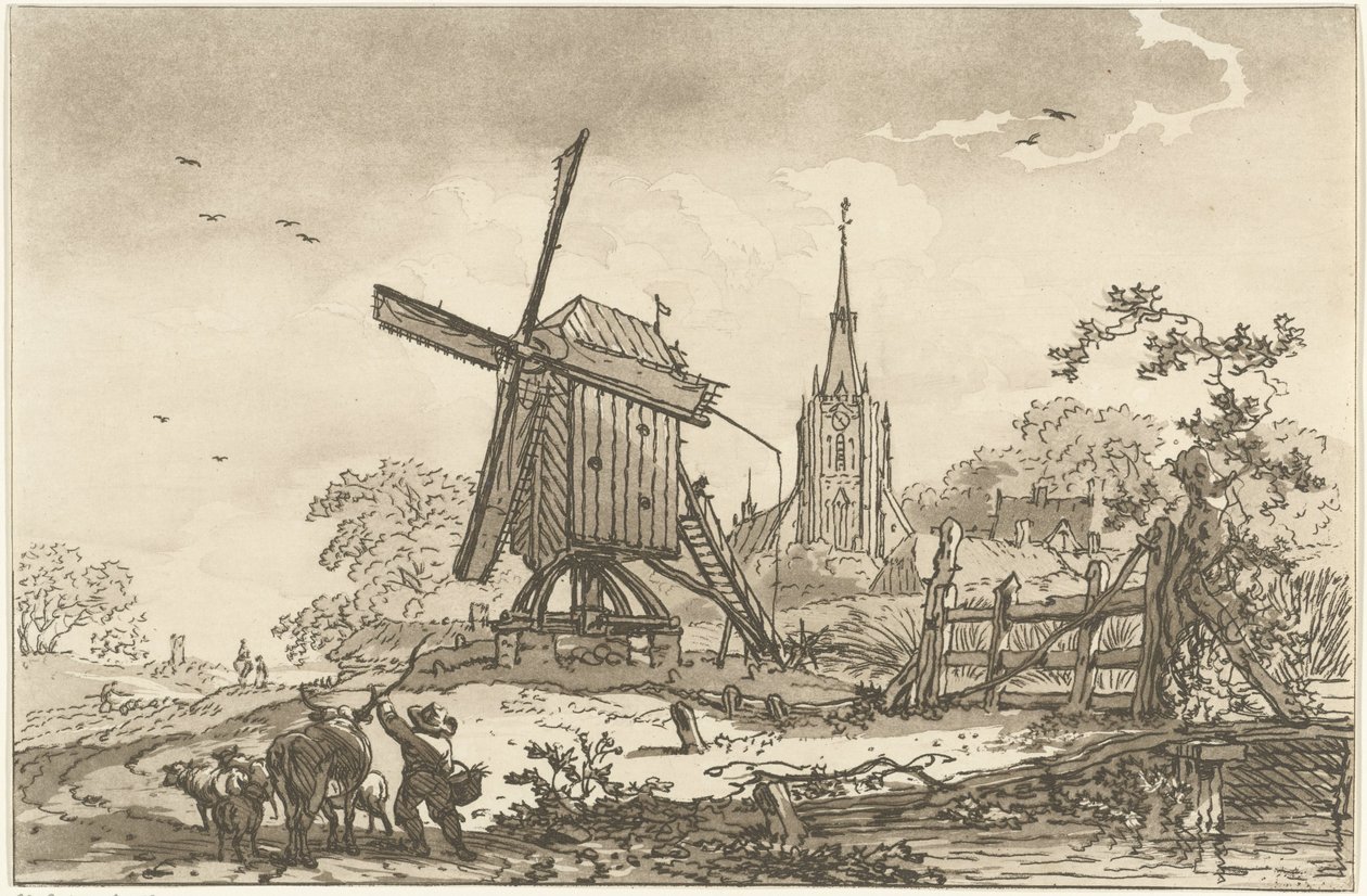 Landskab med en vindmølle og en kirke Tolv designs beregnet til brug for dem, der lærer at tegne landskab (serietitel) af Hendrik Meijer
