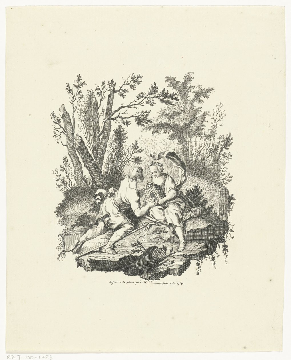 Hyrde og hyrde med fugl og fuglehus af Hendrik Nieuwenhuysen