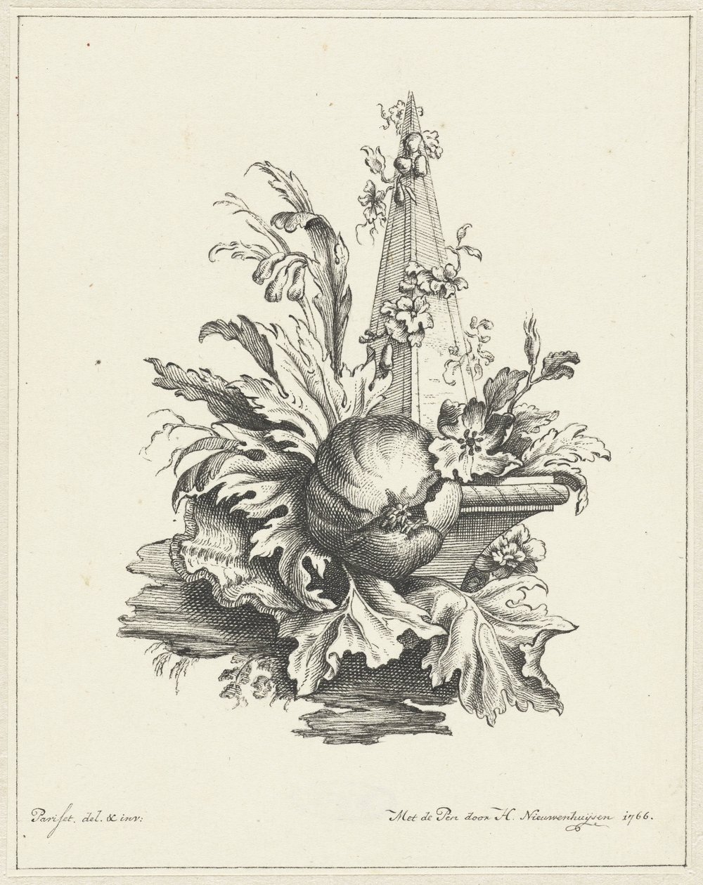 Ornament med granatæble med blade og obelisk af Hendrik Nieuwenhuysen