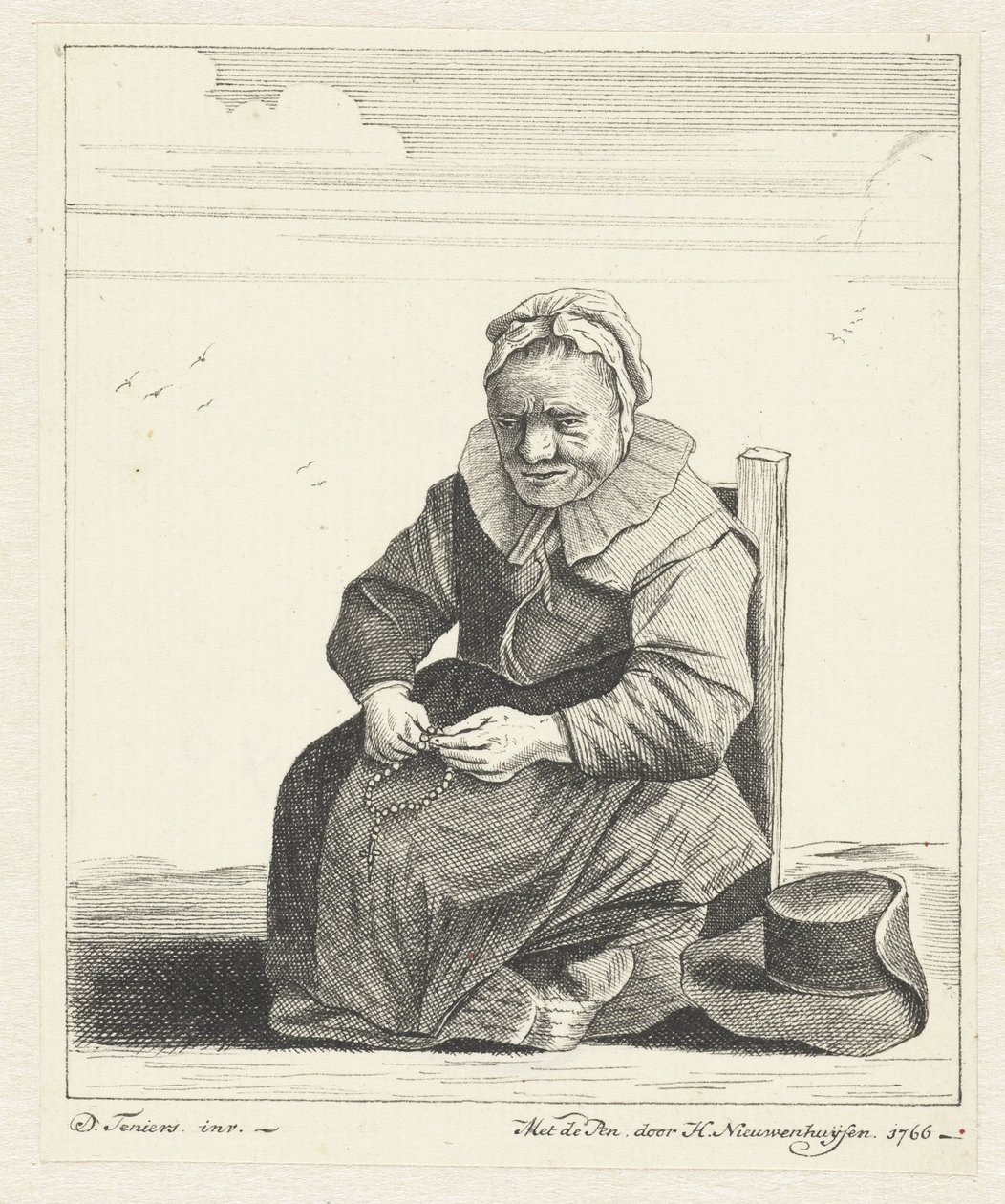 Siddende gammel kvinde med rosenkrans af Hendrik Nieuwenhuysen
