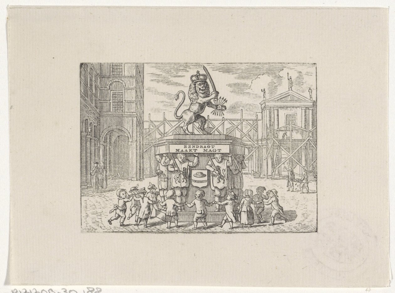 Børn danser i en cirkel omkring et monument fra de syv provinser af Hendrik Numan