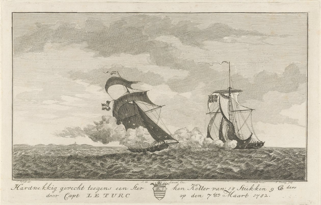 Kamp mod en stærk kutter, 1782 Hård kamp mod en stærk kotter af 18 stykker (...) af Capt: Le Turc den 7. marts 1782 (titel på objekt) af Hendrik Roosing