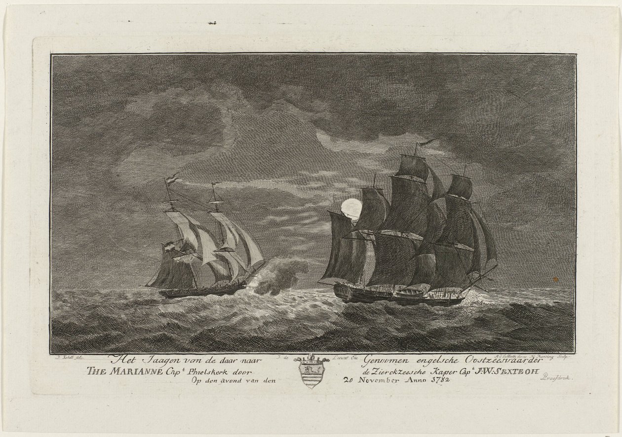 Sextroh Jagter på Marianne, 1782 Jagten på den engelske østersøfarer der til genomer Marianne Kapt. Philskerk af Zierikzeesche Kaper Capt. J:W:Sextroh Om aftenen den 20. november Anno 1782 (titel på objektet) af Hendrik Roosing