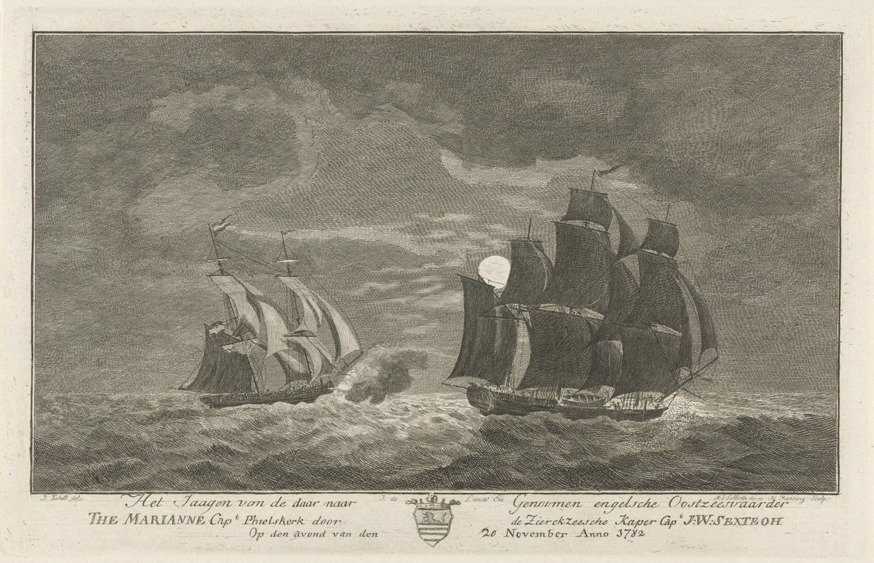 Sextroh Jagter på Marianne, 1782 Jagten på den engelske Østersøfarer Der til Genomer Marianne Kapt. Philskerk af Zierikzeesche Kaper Capt. J:W:Sextroh Om aftenen den 20. november Anno 1782 (titel på objektet) af Hendrik Roosing