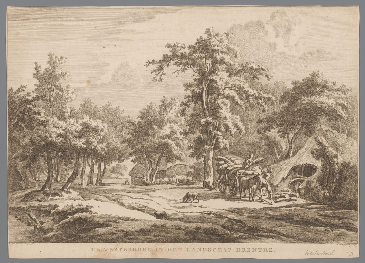 Landskab med høvogn nær Westerbork I Westerborg i landskabet Drenthe (titel på objekt) Ni ansigter i Drenthe (serietitel) IX ansigter i og nær Drenthes landskab (serietitel) af Hendrik Schwegman