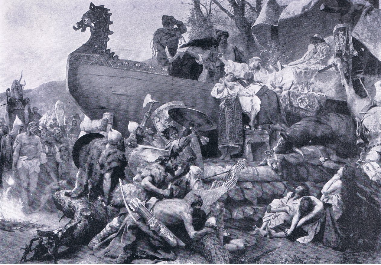 Ligbrænding af en høvding i det østlige Rusland i det tiende århundrede, illustration fra Landmarks in European History udgivet af Gresham Publishing Co, ca. 1920 (litho) af Henryk Siemiradzki