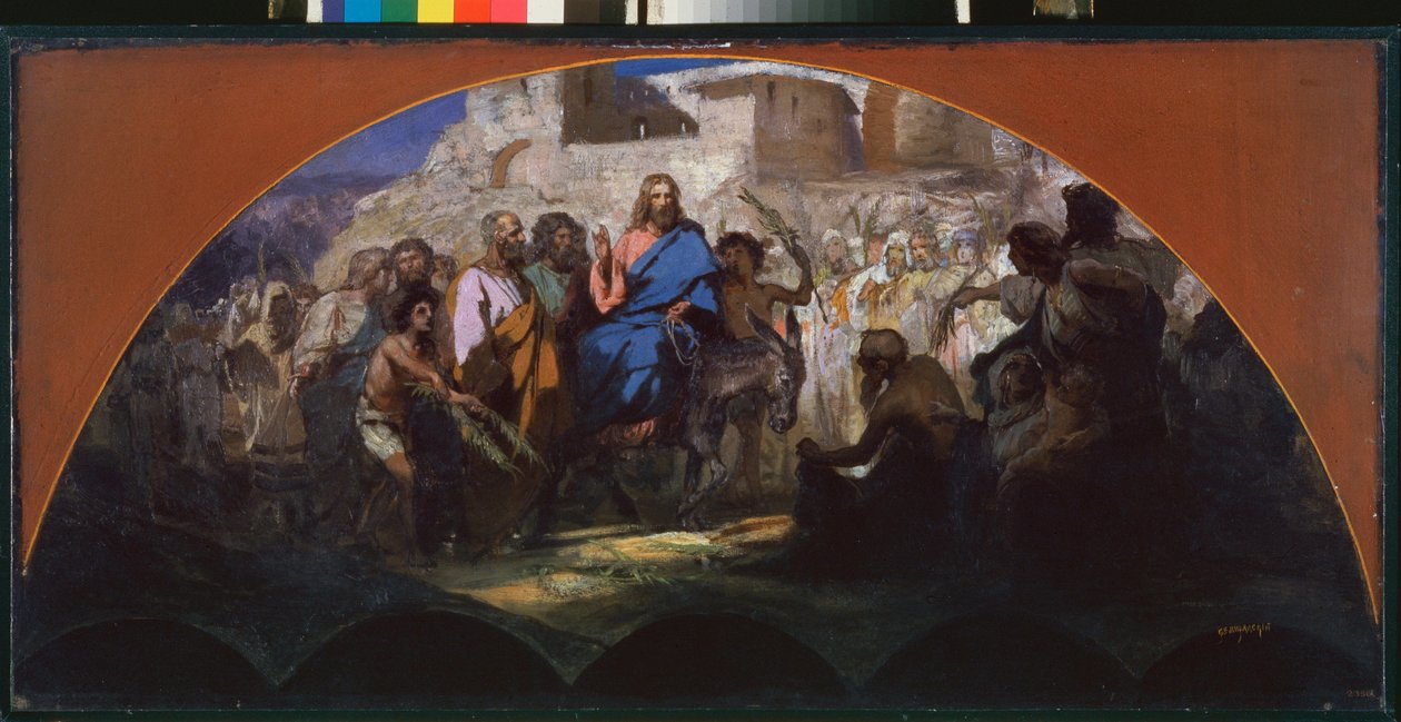 Kristi indtog i Jerusalem. (rider på et æsel, omgivet af mængden, der vinker og sætter grene på sin vej). Værk af Henryk Siemiradzki (1843-1902), olie på pap af Henryk Siemiradzki