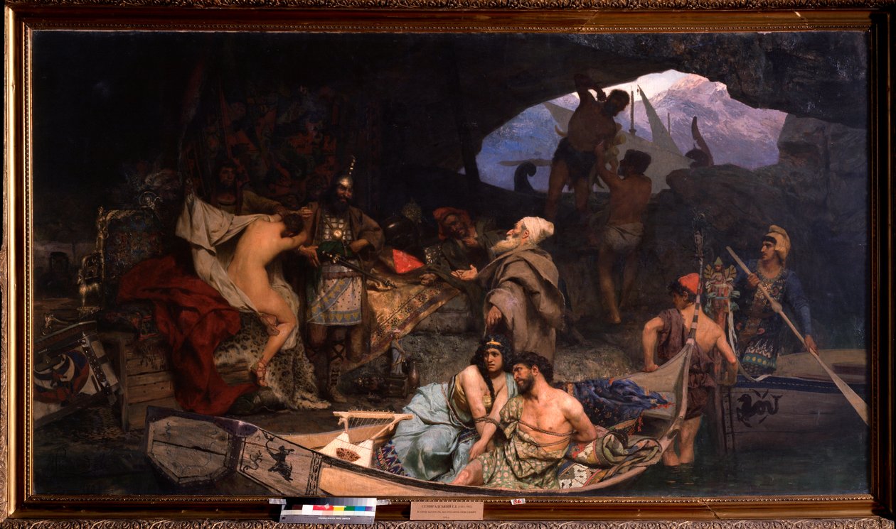 Korsarerne. (Scene, hvor de bringer deres bytte og deres fanger (gidsler) tilbage i en hule). Maleri af Henryk Siemiradzki (1843-1902), olie på lærred af Henryk Siemiradzki