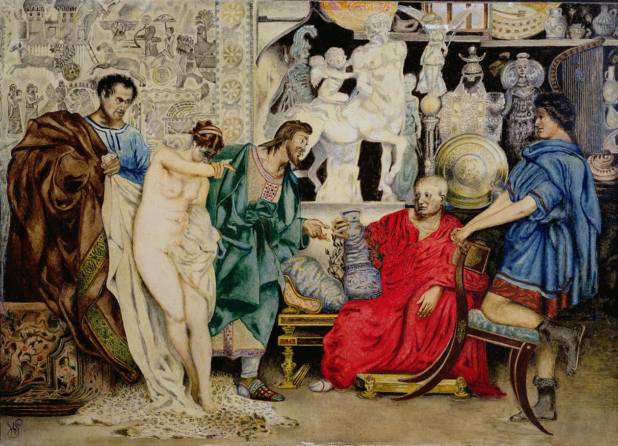 "Valget mellem en kvindelig slave eller en vase", illustration fra "La Femme Esclave;, udgivet i Wien, 1878 af Henryk Siemiradzki