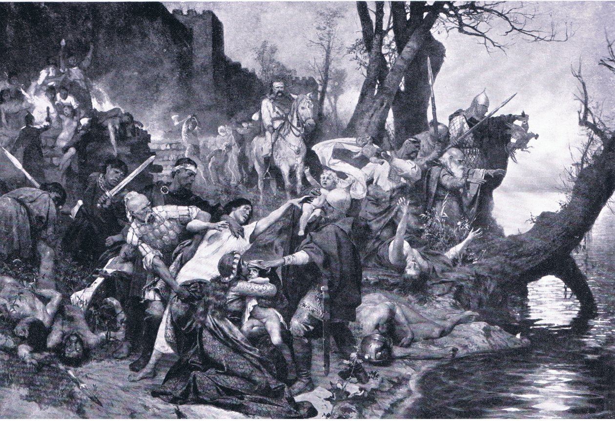Warriors of Sviatoslav ved massakren under Dexters mure (Durostorum), illustration fra Landmarks in European History udgivet af Gresham Publishing Co, ca. 1920 (litho) af Henryk Siemiradzki