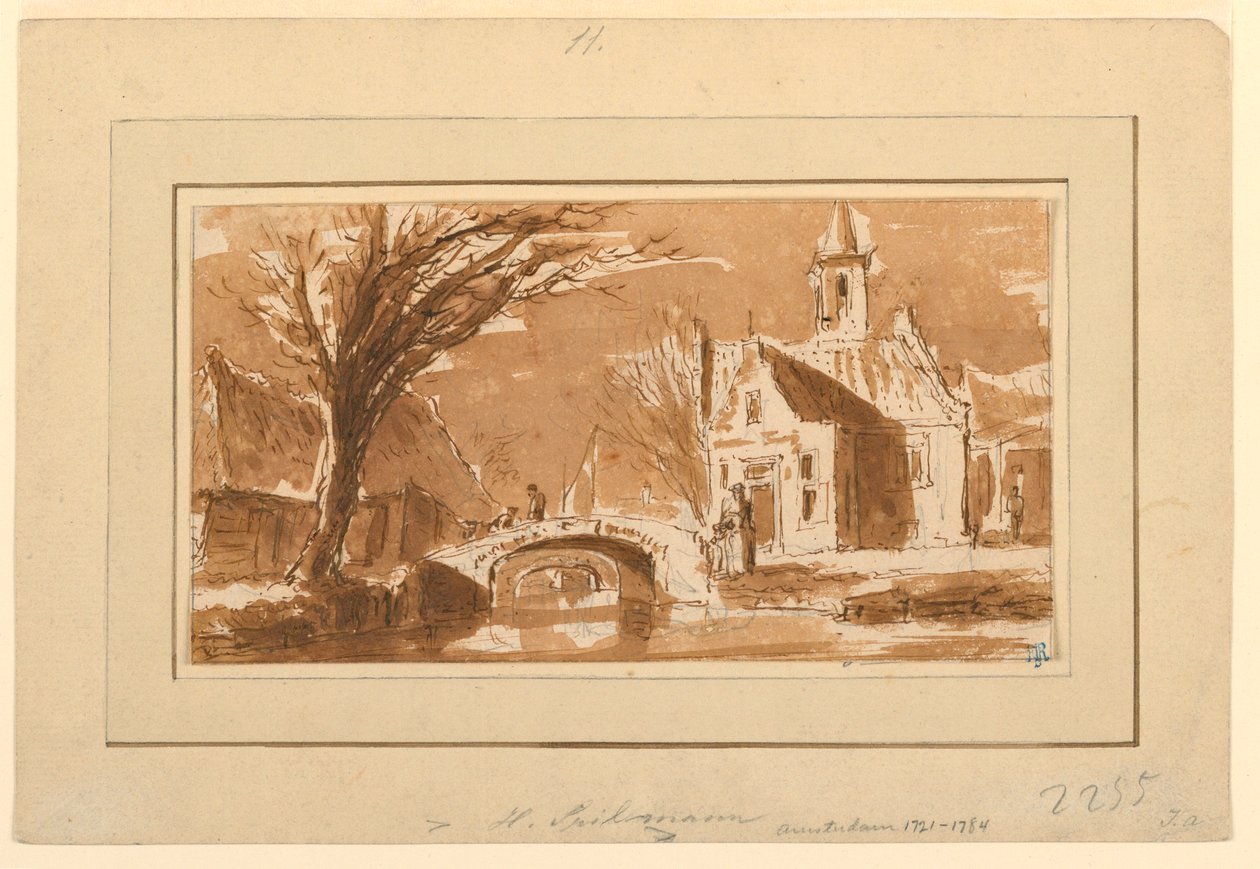 Tegning, By ved en kanal, 1750-70 af Hendrik Spilman