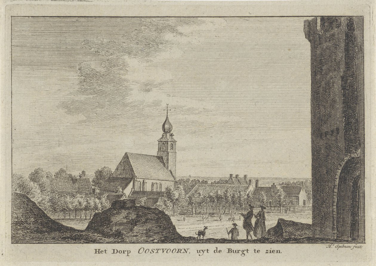 Udsigt over Oostvoorne Dorp Oostvoorn, set fra Burgt (titel på objekt) af Hendrik Spilman