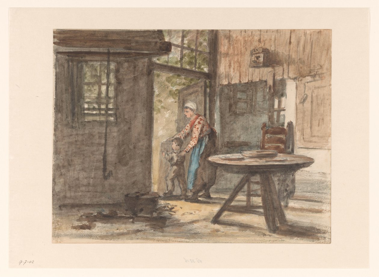 Håndarbejdende kvinde og barn af Hendrik Valkenburg