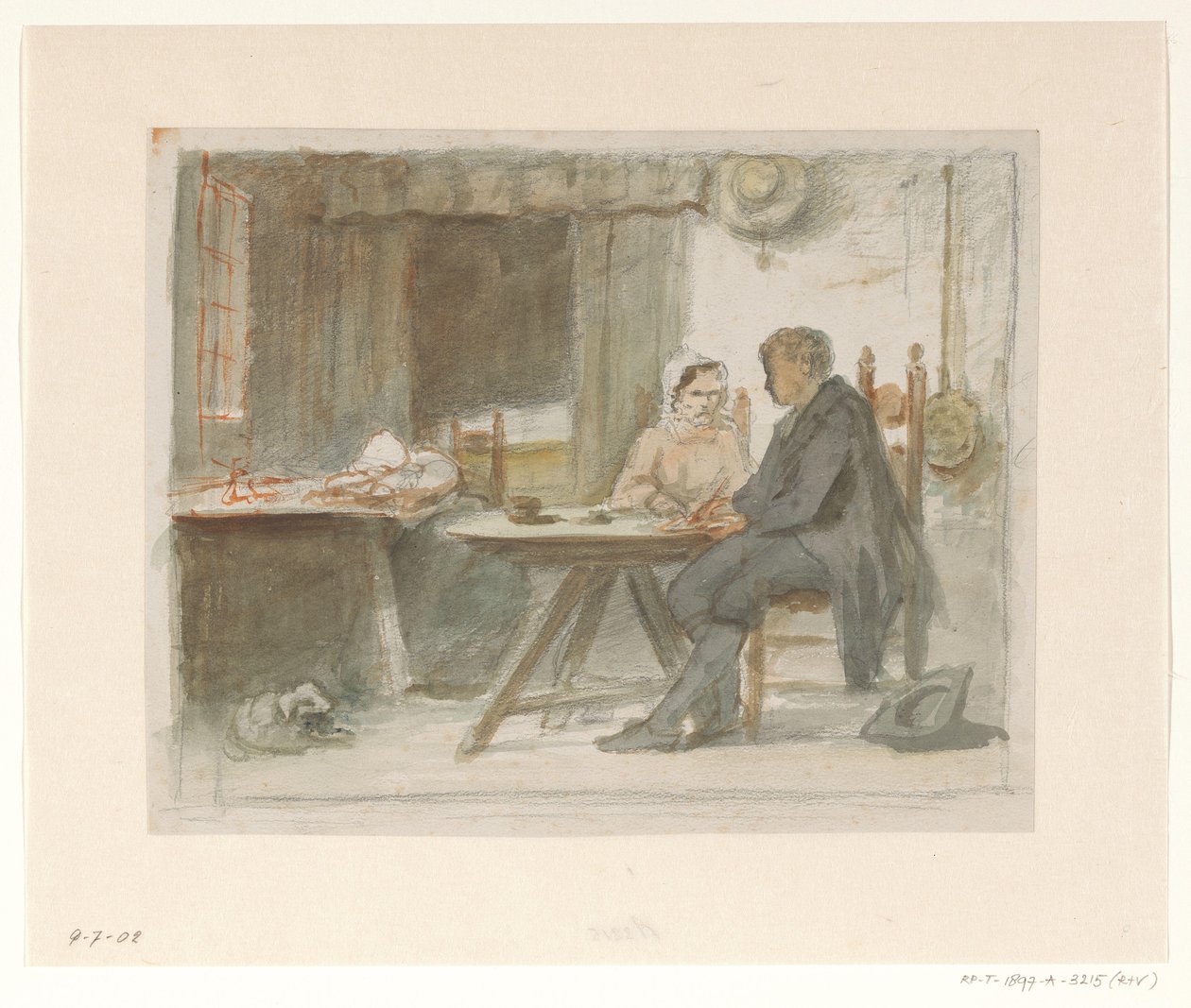 Skrivende mand og kvinde ved et bord af Hendrik Valkenburg