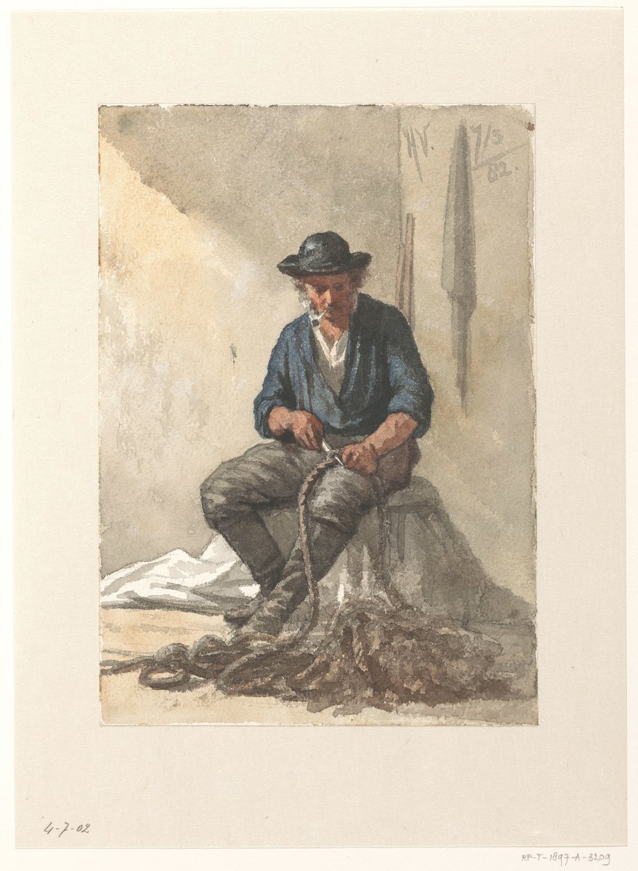 Siddende fisker arbejder på et reb af Hendrik Valkenburg