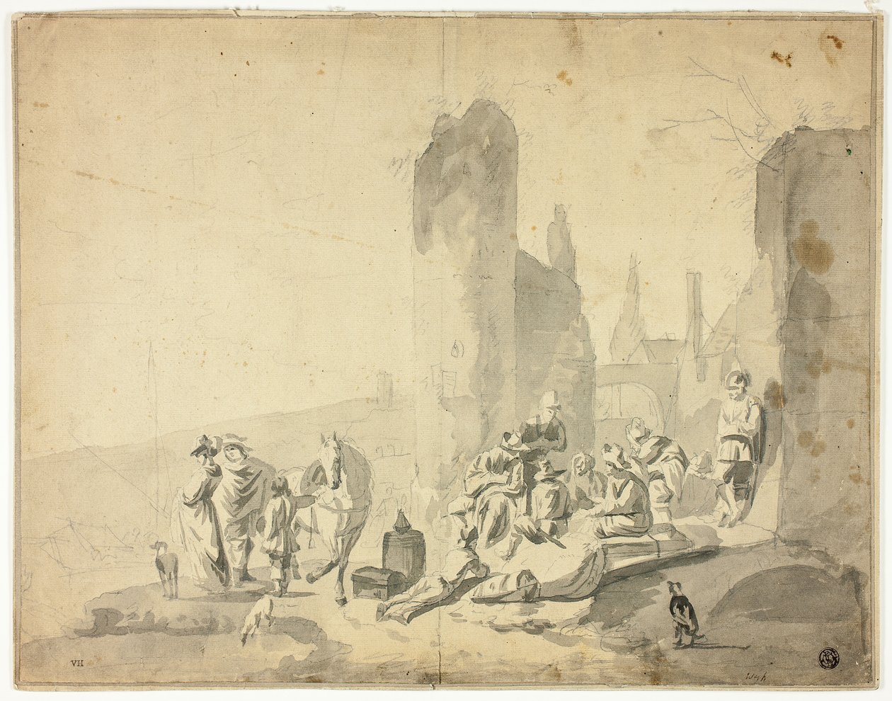 Havnescene med forskellige figurer af Hendrik Verschuring