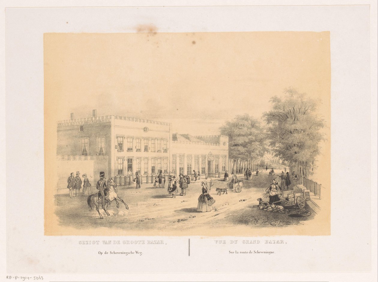 Udsigt over Groote Koninklijke Bazar i Haag Udsigt over Grote Bazar på Scheveningsche Weg (titel på objekt) af Hendrik Wilhelmus Last