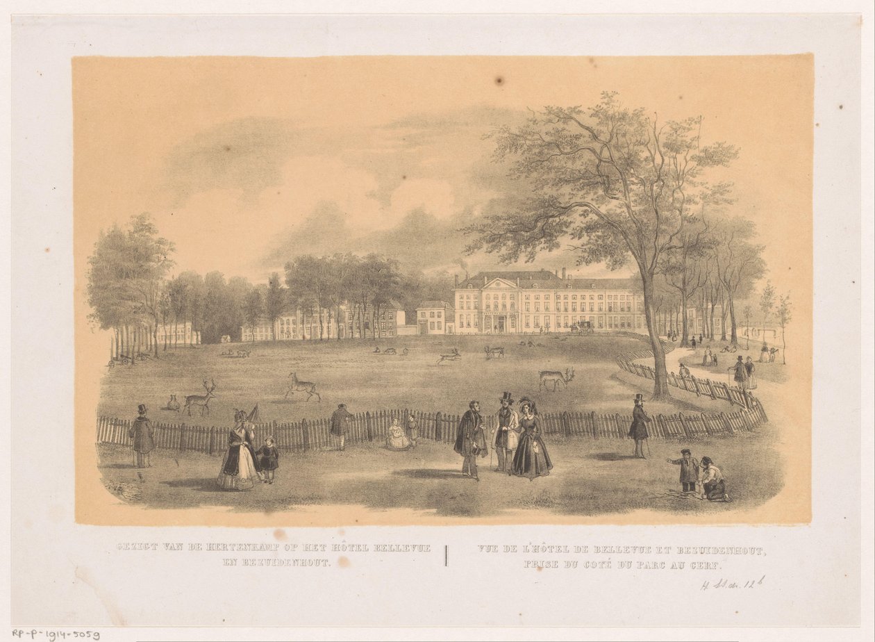 Udsigt over Dyrehaven i Haag Udsigt over hjortehaven ved hotel Bellevue en Bezuidenhout (titel på objektet) af Hendrik Wilhelmus Last