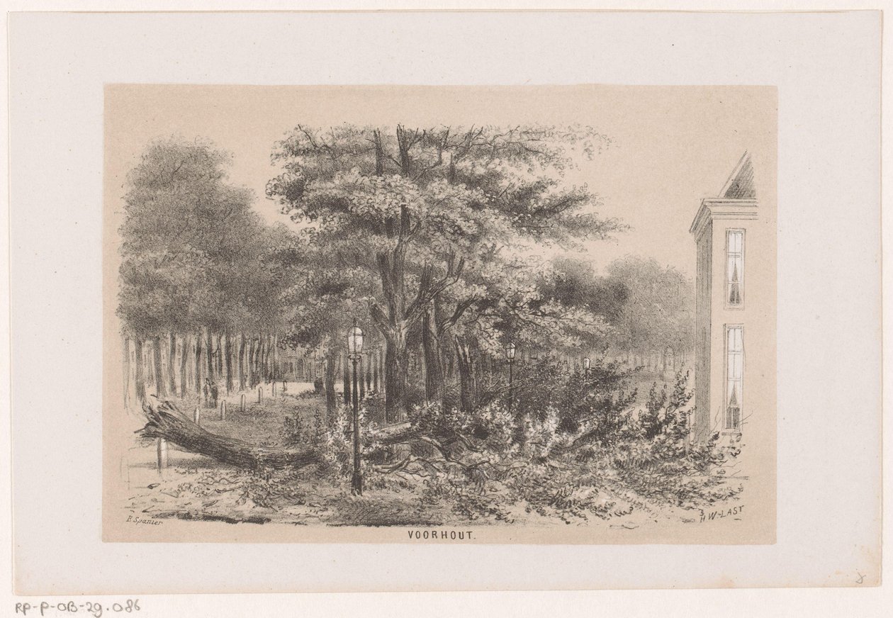 Træ blæst ned nær Voorhout efter stormen den 28. maj 1860 Voorhout (titel på objekt) Album med ti litografiske skitser, forestillende Tooneelen af ​​ødelæggelsen, ophidset af stormen den 28. maj 1860 i 