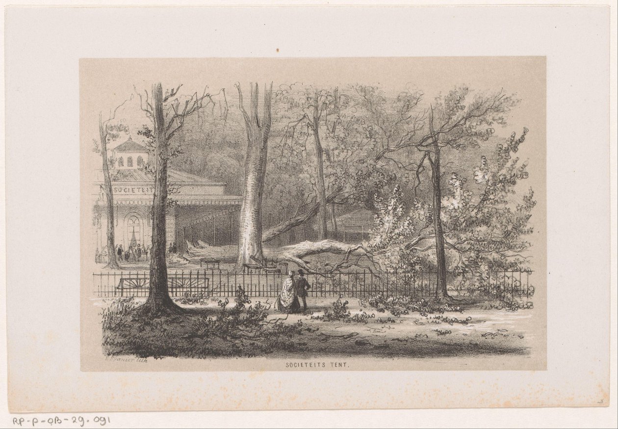 Træ blæst ned i klubben efter stormen den 28. maj 1860 Socialt telt (titel på objekt) Album med ti litografiske skitser, forestillende Tooneelen af ​​ødelæggelsen, ophidset af stormen den 28. maj 1860 i 