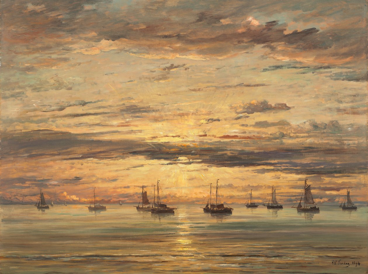 Solnedgang ved Scheveningen: En flåde af fiskefartøjer for anker af Hendrik Willem Mesdag