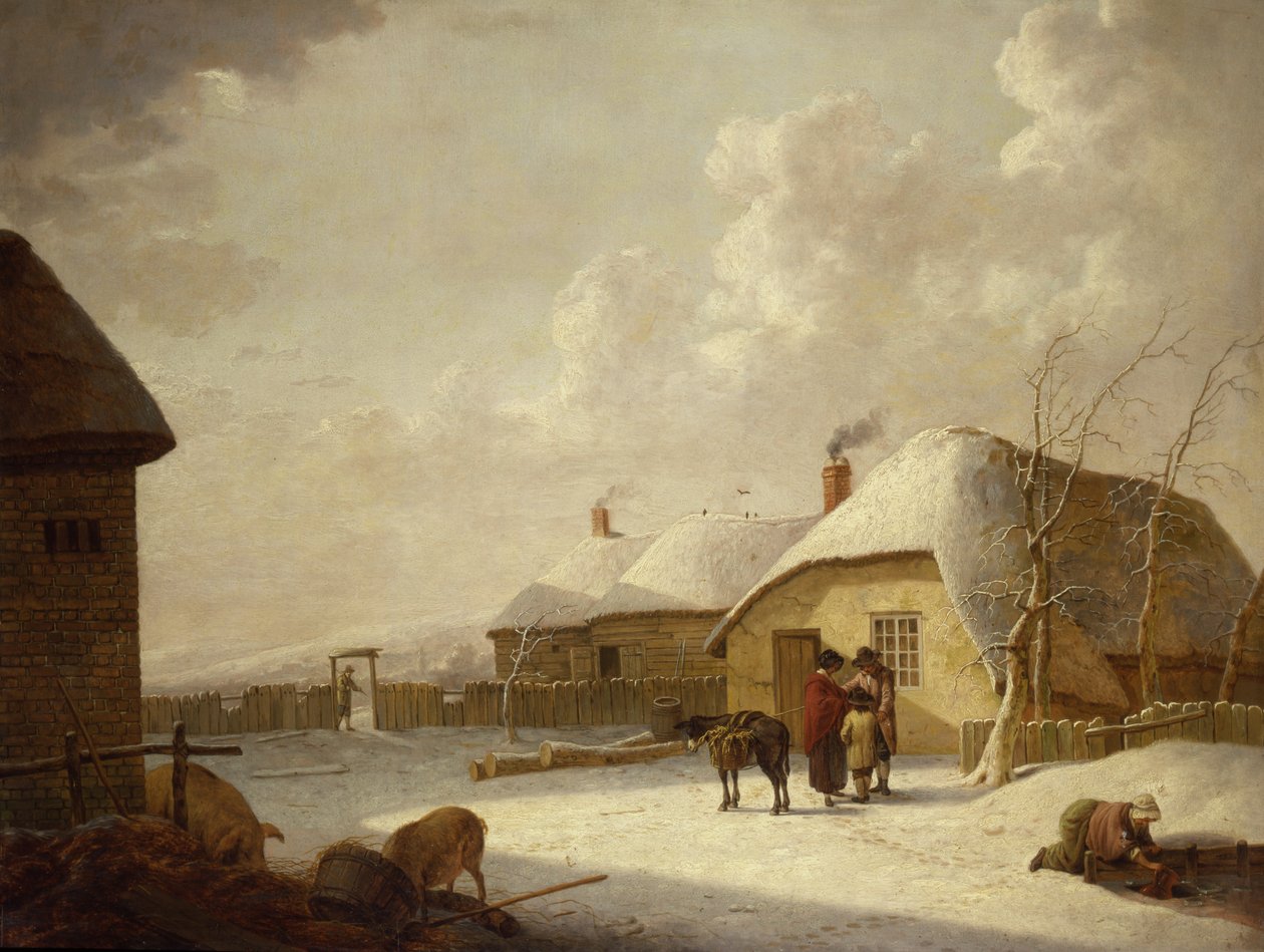 Figurer uden for et sommerhus i sneen af Hendrik Willem Schweickardt