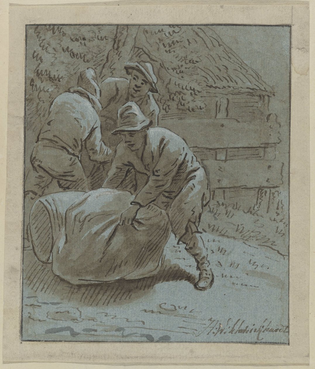 Tre mænd i et landskab med en liggende tønde og en taske af Hendrik Willem Schweickhardt (signed by artist)
