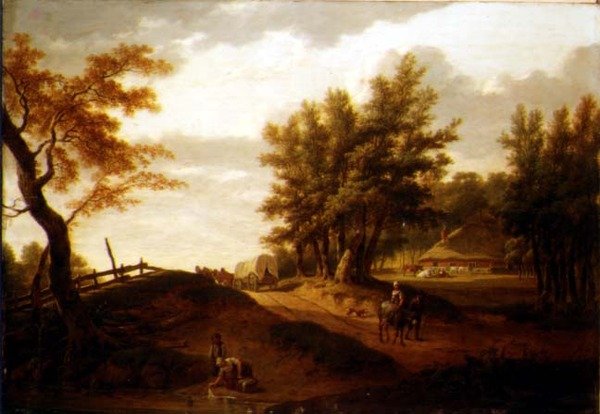 Et skovklædt landskab med en vogn og bønder, der rejser på en vej, en vaskekone ved en dam og en gård bagved af Hendrik Willem Schweickhardt