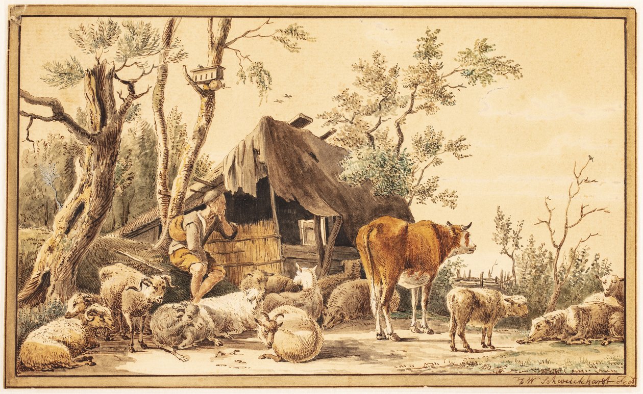 En fårehyrde med sin hjord ved et skur af Hendrik Willem Schweickhardt