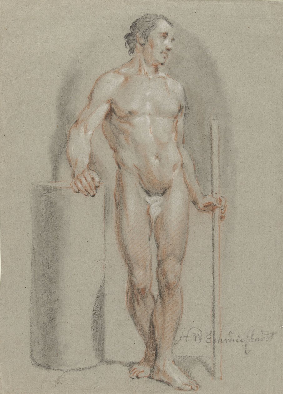 Stående nøgen mand med en pind i hånden, lænet på en studiecylinder af Hendrik Willem Schweickhardt