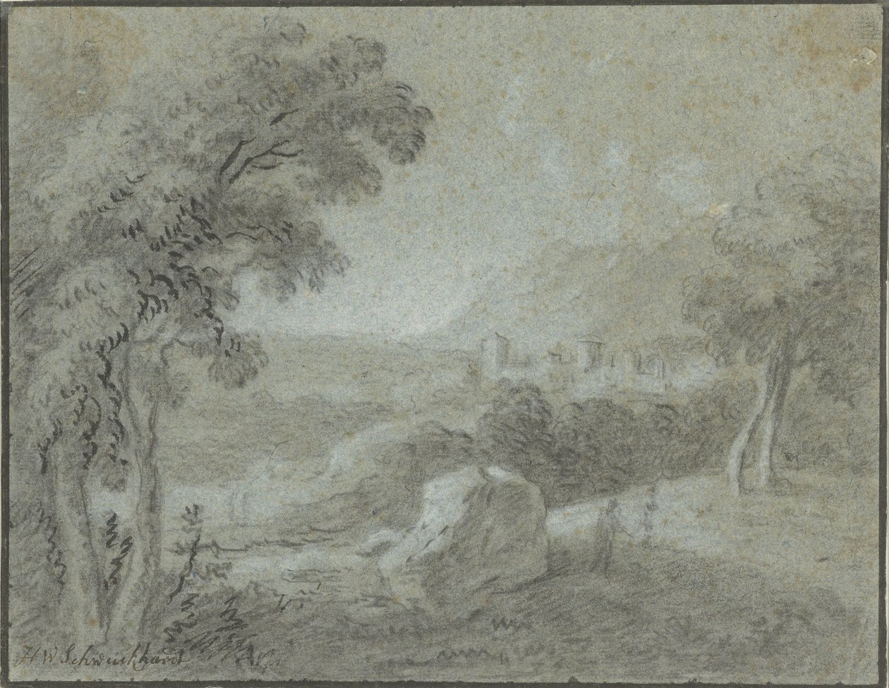 Sydlig bakket landskab med en by forude af Hendrik Willem Schweickhardt