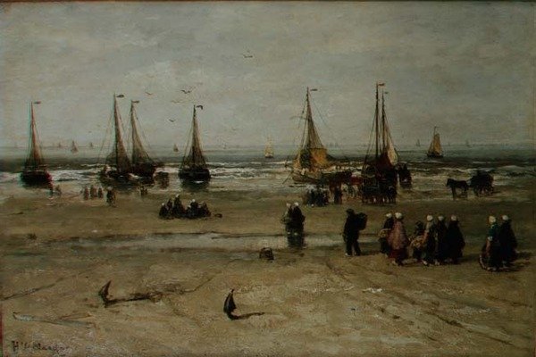 Kystlandskab med fiskefartøjer og fiskere af Hendrik William Mesdag
