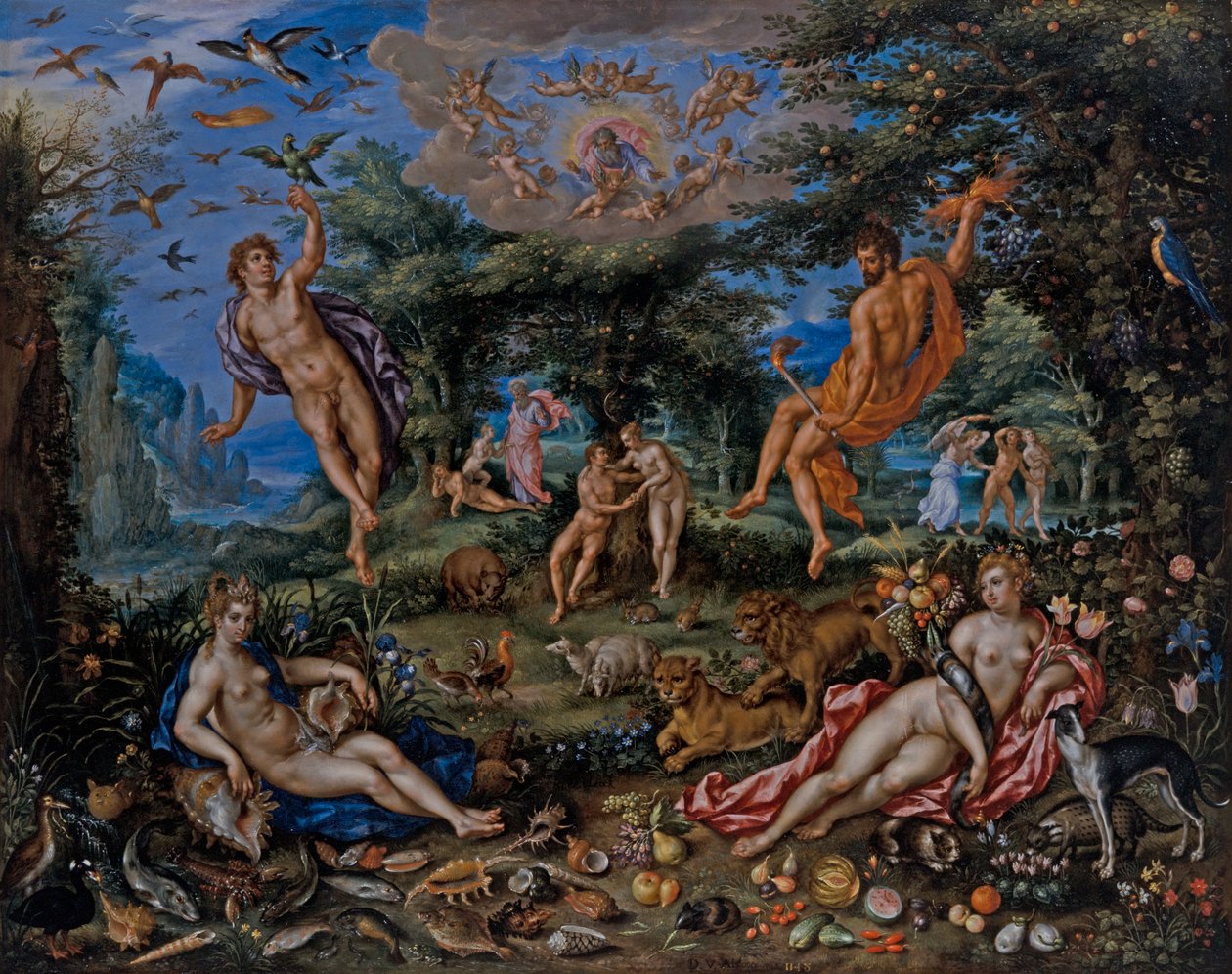 De fire elementer, med scener fra Genesis Beyond af Hendrik de & Alsloot Denis van (c.1573 1625/26) Clerck