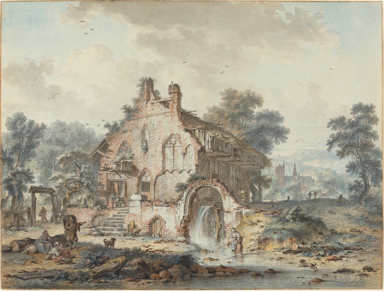 Rustik vandmølle i en gotisk ruin af Hendrik de Meyer II