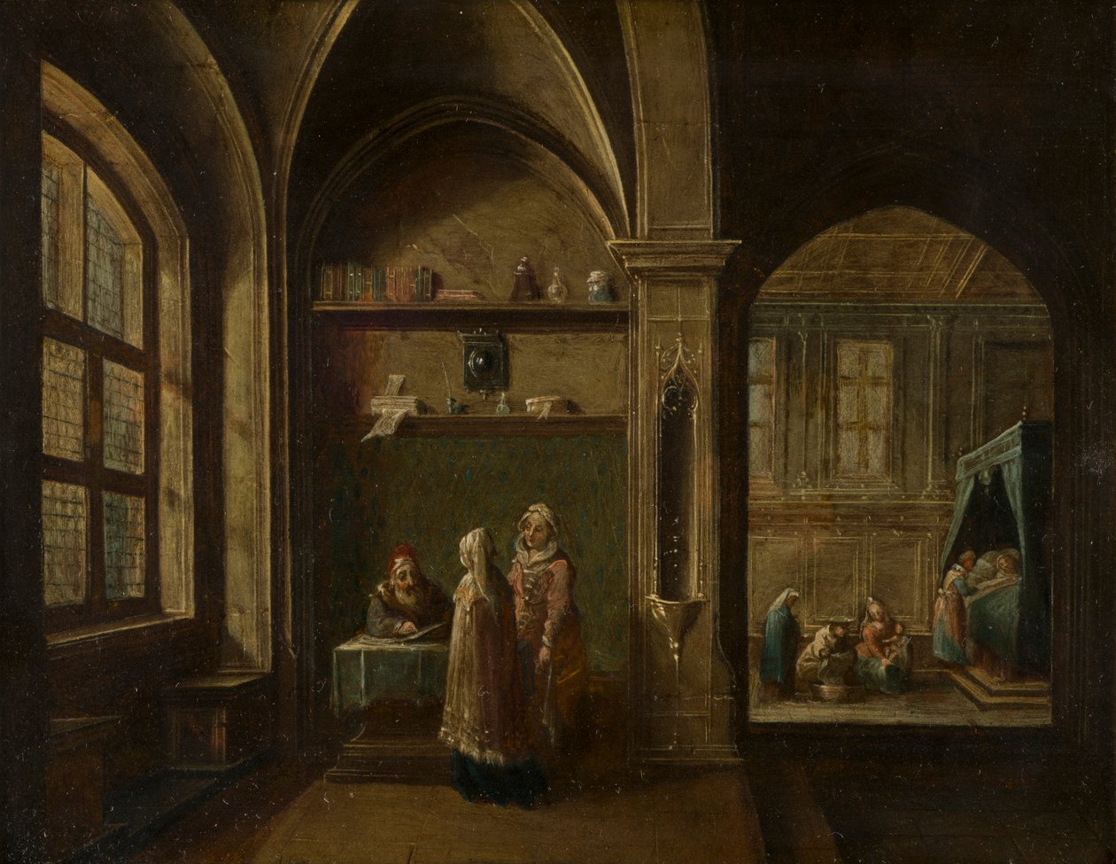 Et renæssanceinteriør med figurer: The Birth of St John, ca. 1600-49 (olie på kobber) af Hendrik the Younger Steenwyck