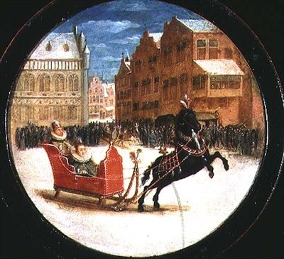 Vinterlandskab med figurer i en hestetrukken slæde (olie på kobber) af Hendrik the Younger Steenwyck