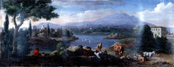 Italiensk landskab, med kohyrder hvilende af Hendrik van (studio of) Lint