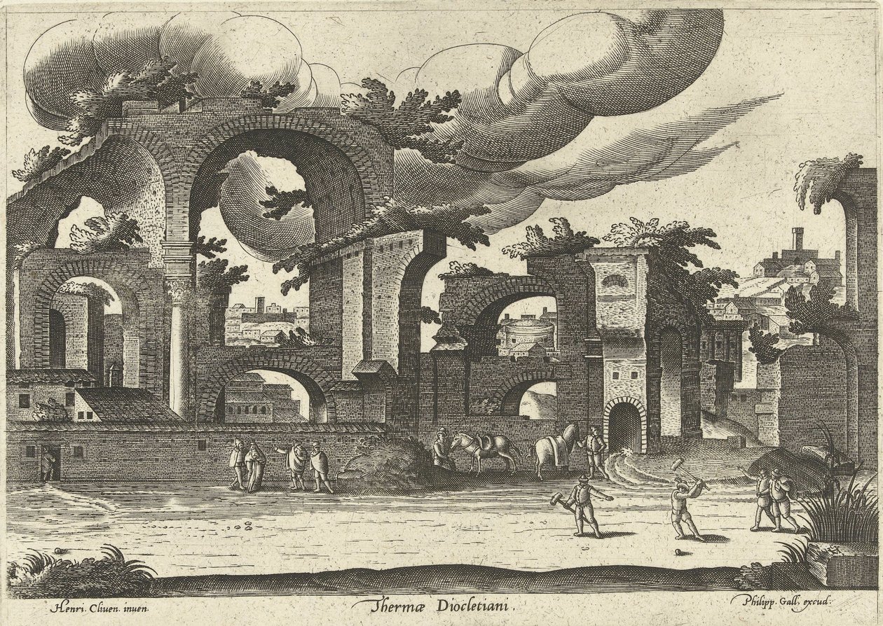 Ruiner af Diocletians bade fra siden med to mænd, der spiller kroket i forgrunden, 1585. af Hendrik van Cleve III