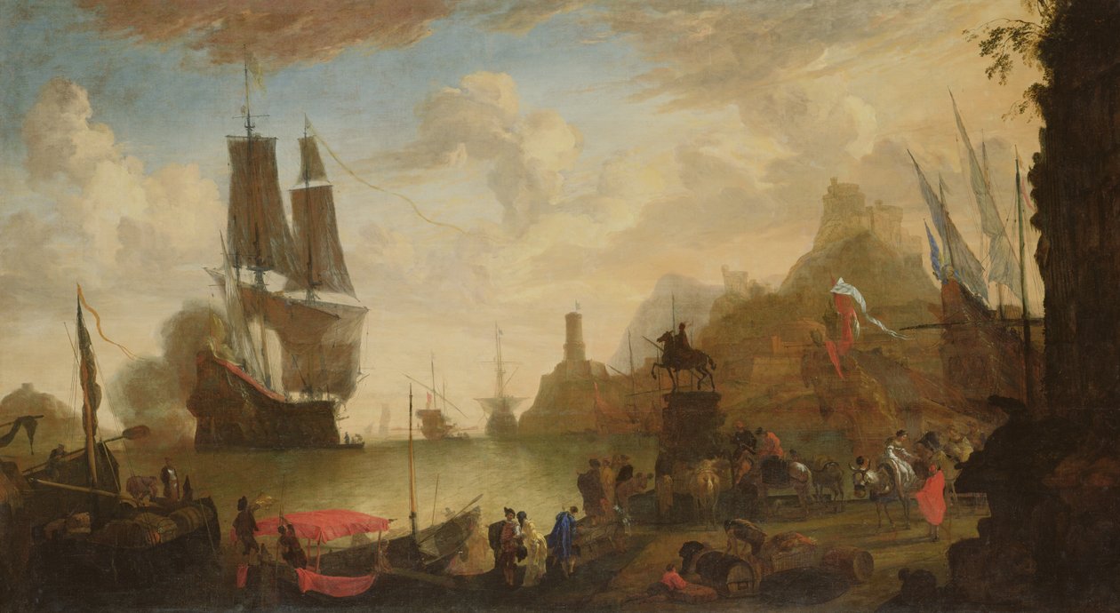 Udsigt over en italiensk havn af Hendrik van Minderhout