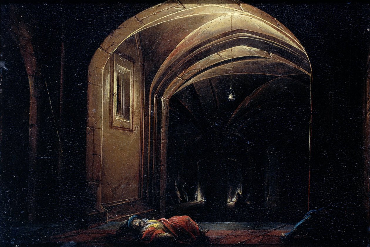 Mænd, der sover i et værelse med oplyste buer af Hendrik van Steenwijck (I) (possibly)