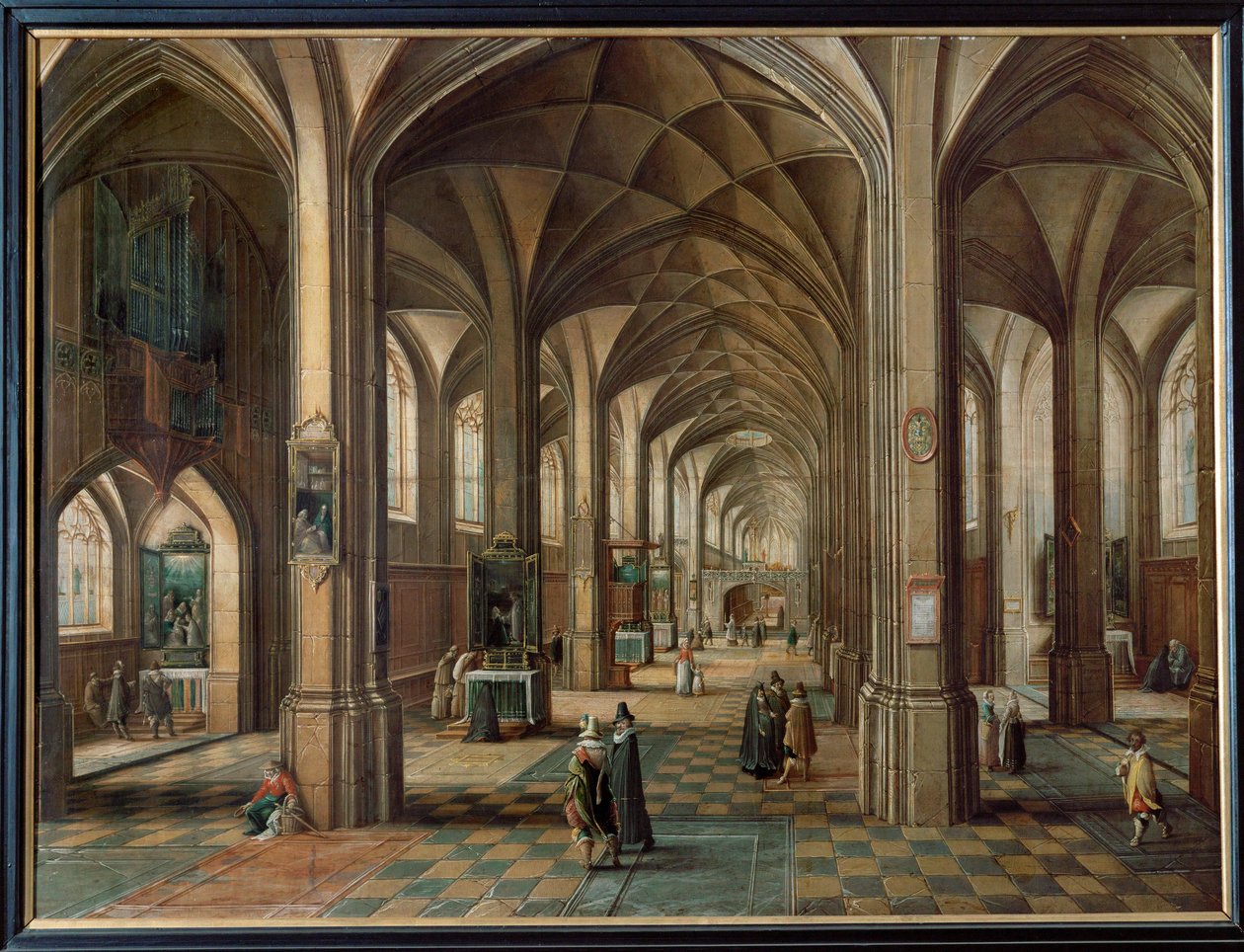 Interiør i en kirke, Sakristan viser alteret til besøgende ... af Hendrik van Steenwyck