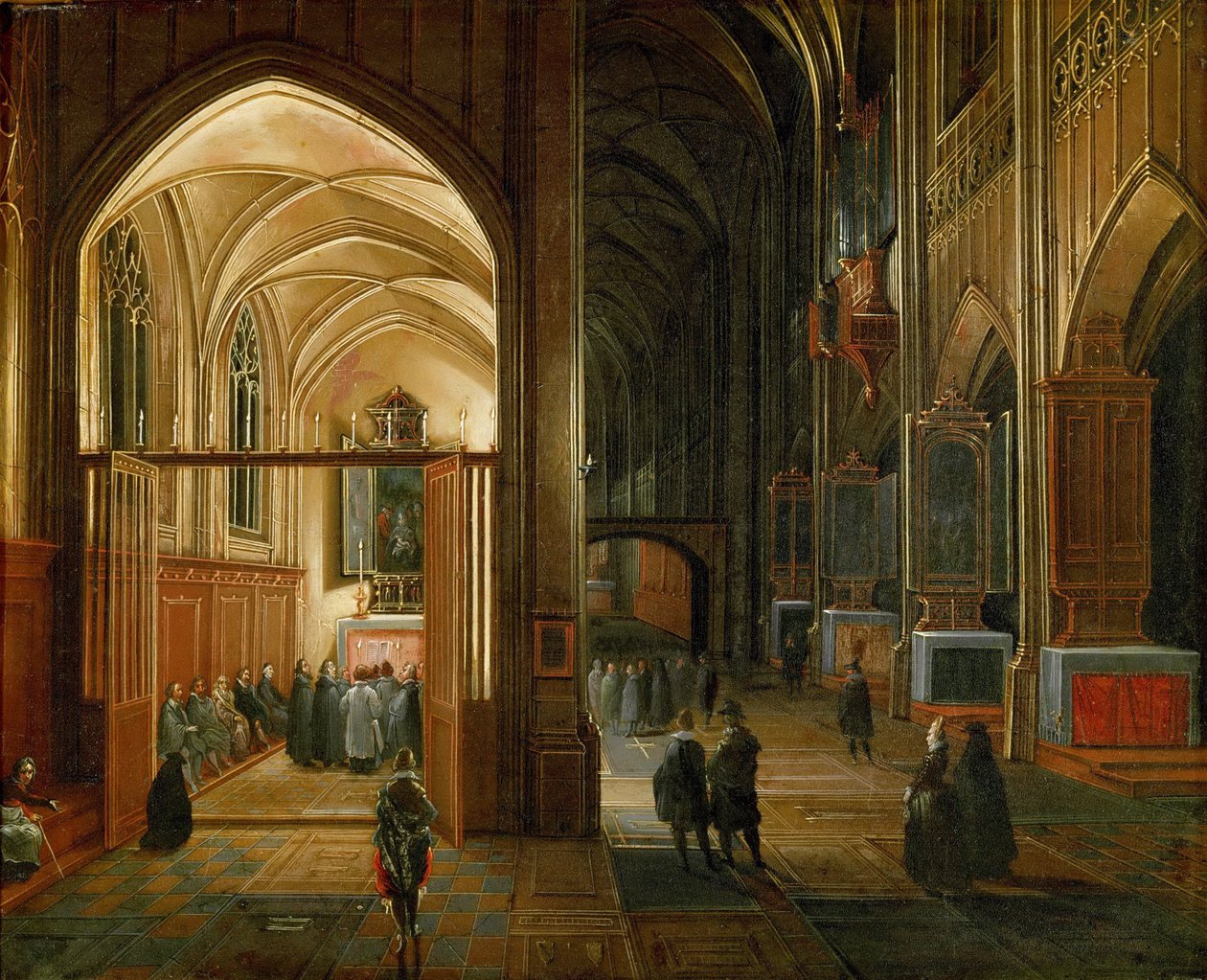 Aftengudstjeneste i en gotisk kirke - Hendrick van Steenwyck, den ældre (ca. 1550-1603). Olie på kobber, ca. 1600. Mål: 20,8 x 26,3 cm. Kunsthistorisk Museum, Wien af Hendrik van Steenwyck