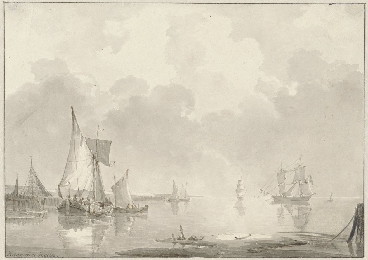 Udsigt over kysten med skibe i stille vand af Hendrik van den Helm