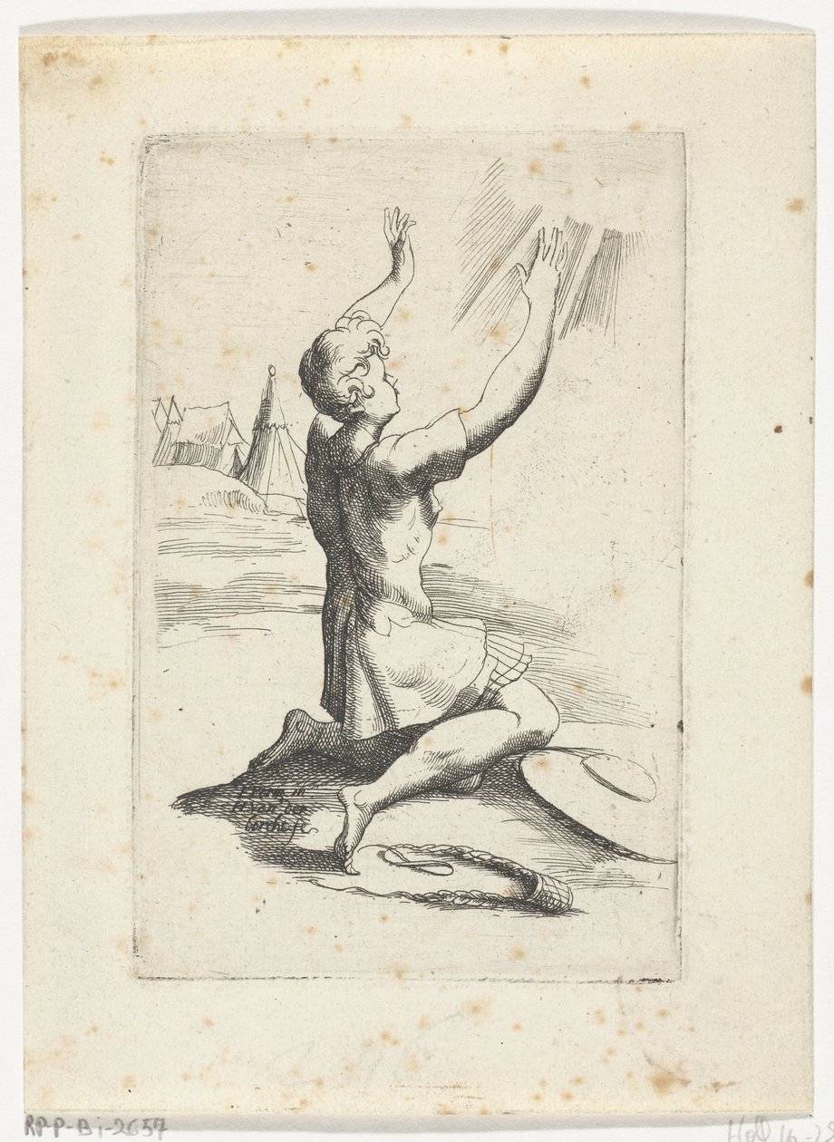 Knielende David Hæfte med forskellige figurer designet af Fran. parmensis et konserveret i Arondelyna-samlingen, 1638 (serietitel) af Hendrik van der Borcht (II)