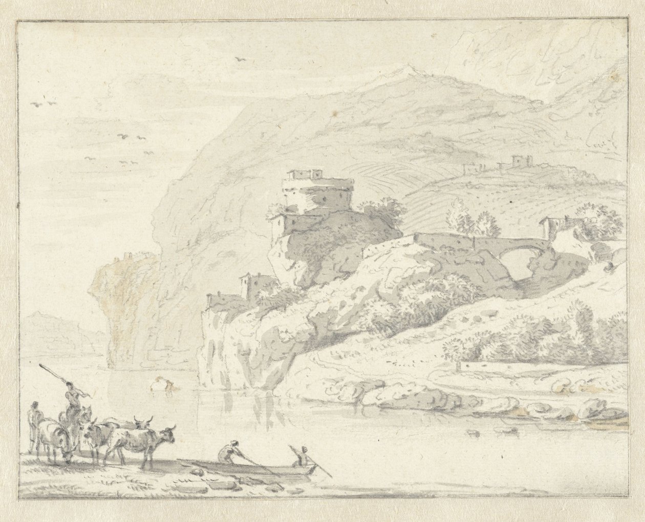 Italiensk bjerglandskab med hyrder og kvæg og to figurer i en båd, der krydser floden af Hendrik van der Straaten (attributed to)