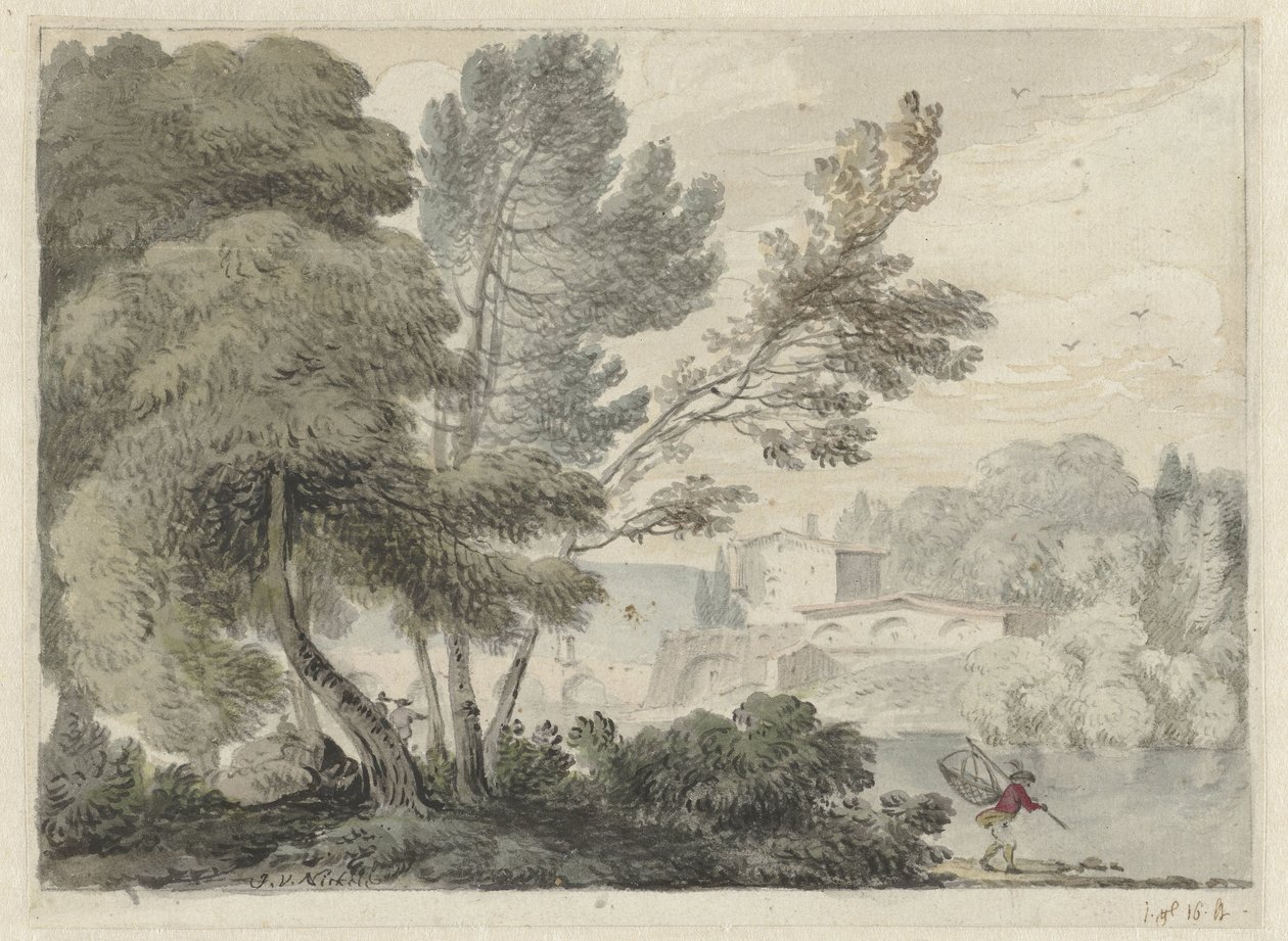 Flodlandskab med en mand med et landingsnet i forgrunden af Hendrik van der Straaten (possibly)