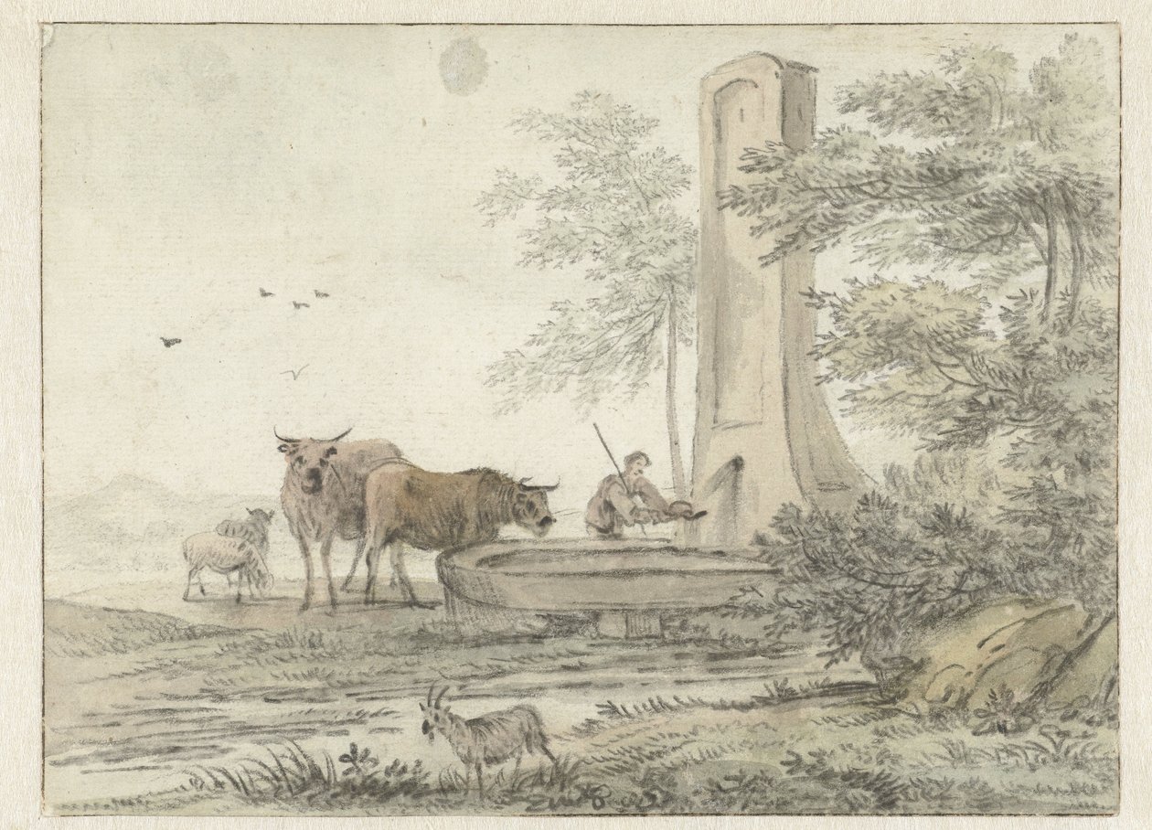 Italiensk landskab med hyrde og hans kvæg og får ved et springvand af Hendrik van der Straaten