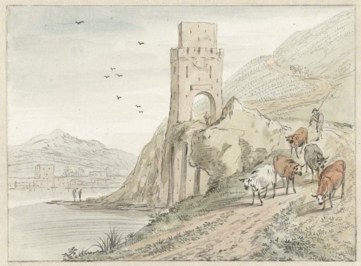 Italiensk flodlandskab med bjerge og et porttårn af Hendrik van der Straaten